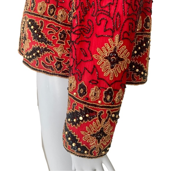 Papell Boutique Evening Vintage 90’s Silk Beaded Jacket Embellished Red Gold 12 - Picture 9 of 16